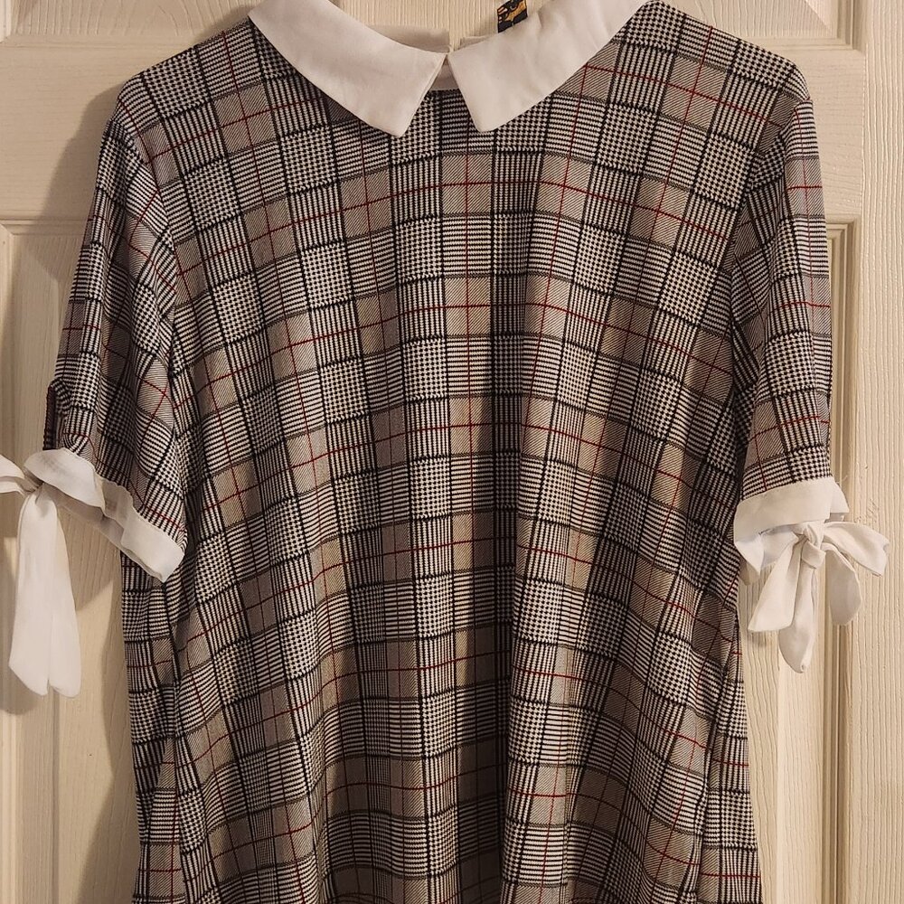 Plaid Peter Pan Collar Blouse with Tie-Sleeve Details & Chiffon Hem